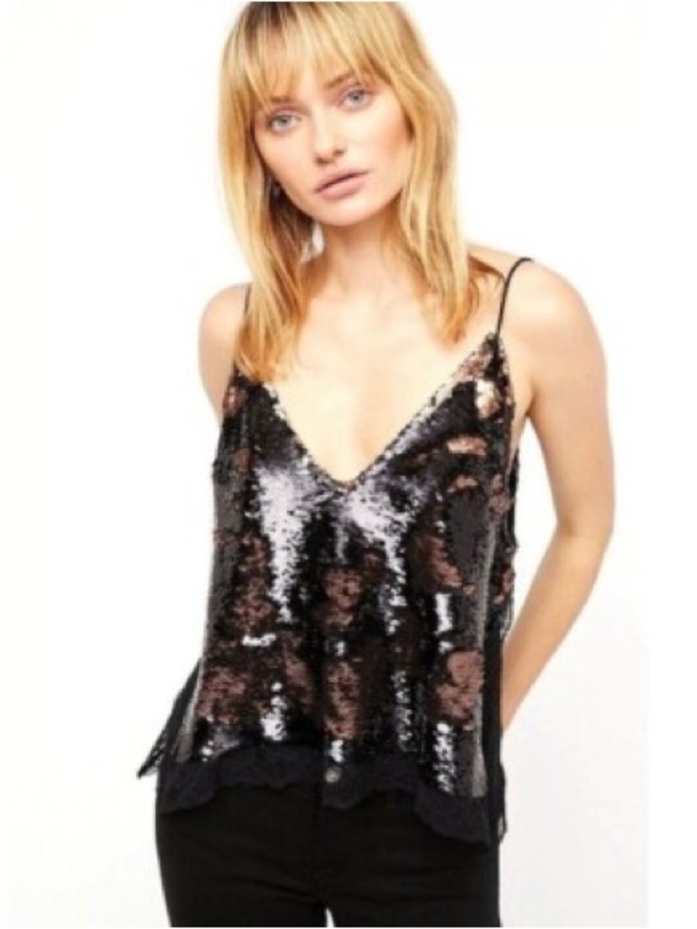 Free People Black Sequin Rose-Accent V-Neck Cami